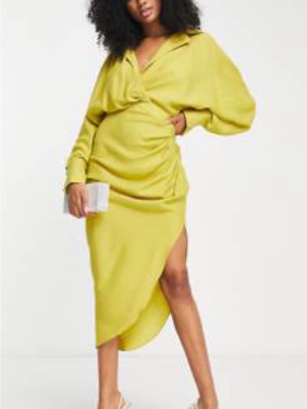 ASOS Edition textured draped midi shirt dress with tie detail in chartreuse